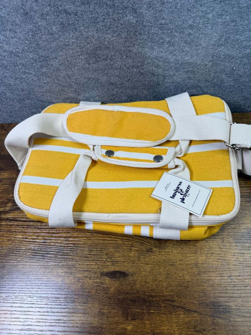Business & Pleasure Co. Yellow and White Striped Shoulder Outdoor Cooler Bag